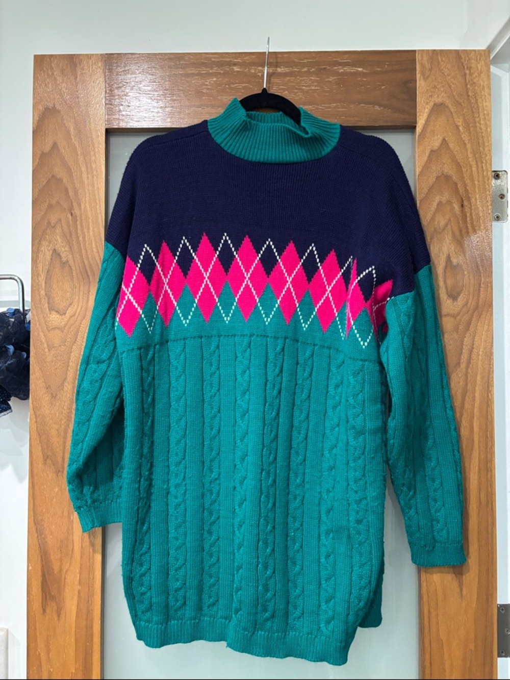 Teal Green Cable Knit Sweater with Navy & Pink Argyle